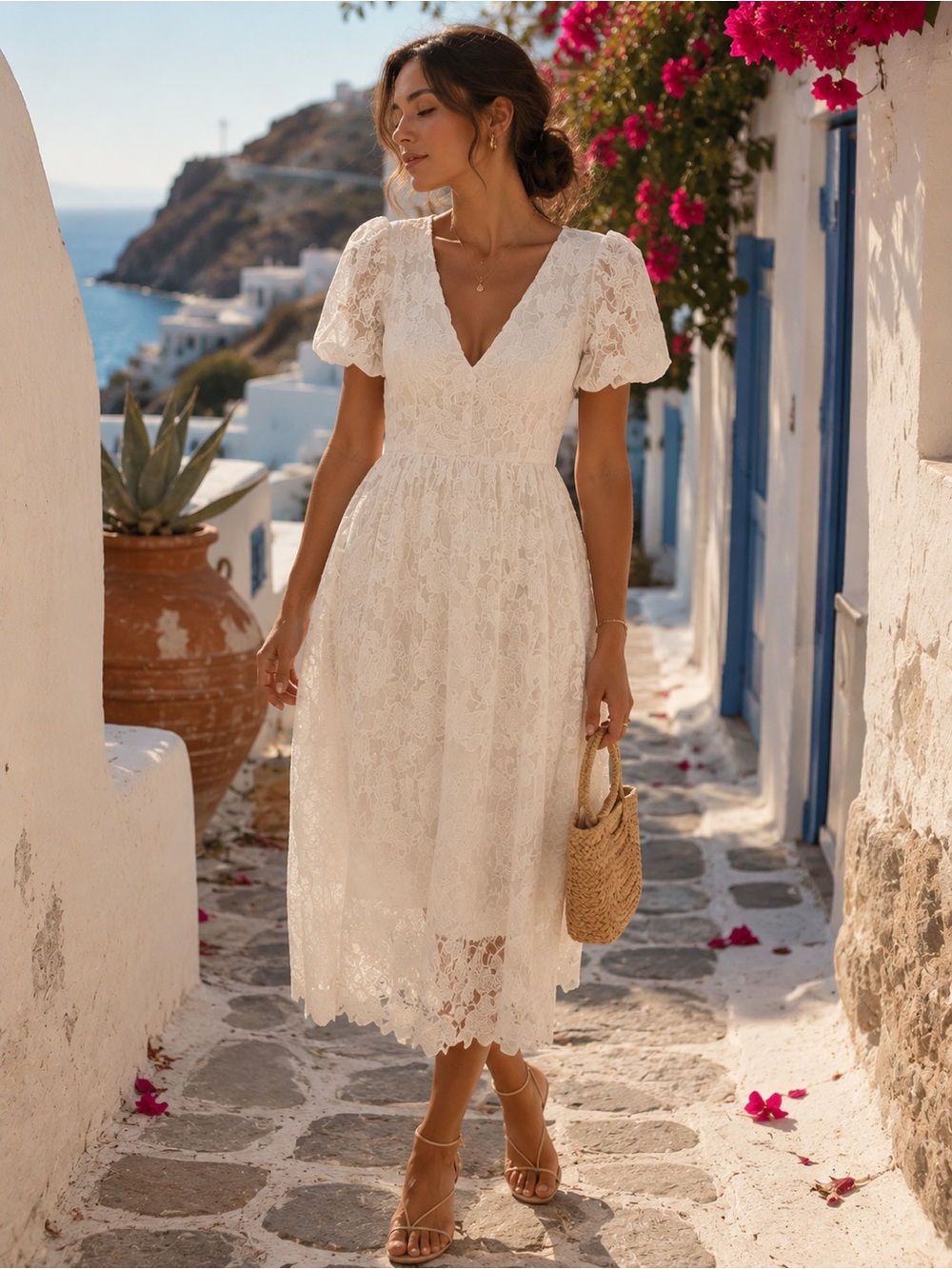 White Floral Lace Puff Sleeve Midi Dress V-Neck Vacation Wedding Dress Size S